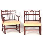 A PAIR OF GEORGE III MAHOGANY OPEN ARMCHAIRS with cut out shaped top rails above spindle turned