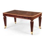 A LATE GEROGE III MAHOGANY LIBRARY TABLE with tooled leathered top and cross-banded edge above a