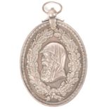 A RARE 19TH CENTURY SILVER DRUIDS MEDAL of oval form cast with an image of a hooded Druid, the