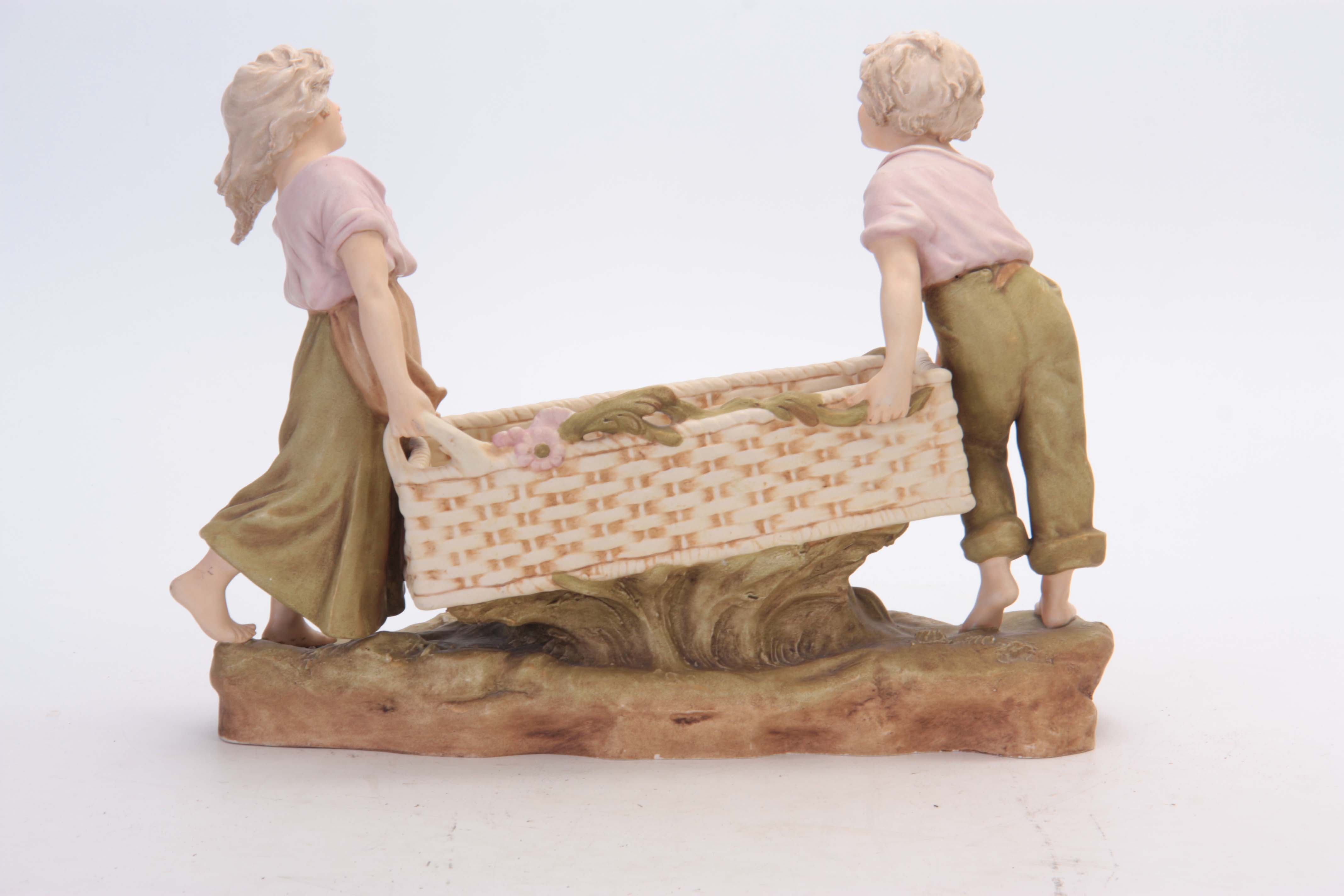 A LATE 19TH CENTURY ROYAL DUX BOHEMIAN FIGURAL TABLE CENTREPIECE modelled as a girl and boy - Image 6 of 7