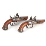 A PAIR OF LATE 18TH CENTURY FRENCH DOUBLE BARREL FLINTLOCK PISTOLS having side-by-side tapered round