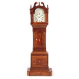 AN UNUSUAL 19TH CENTURY INLAID OAK MINATURE LONGCASE CLOCK with period case topped by a swan neck