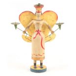 AN EARLY 20TH CENTURY FOLK ART CARVED PAINTED WOOD GERMAN ERZGEBIRGE ANGEL CANDELABRA 101cm high