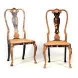 A PAIR OF GEORGE I STYLE GILT AND CHINOISERIE DECORATED SIDE CHAIRS with shell-carved top rails