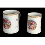A GRADUATED PAIR OF 18TH CENTURY CHINESE EXPORT MUGS finely decorated in enamelled colours with