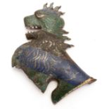 A RARE MING DYNASTY CHINESE CLOISONNE MOUNT formed as a dragon with blue and green enamel and gilt