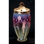 A STYLISH LATE 19TH CENTURY ART NOUVEAU VASELINE, CRANBERRY AND OPAQUE GLASS HANGING SHADE of
