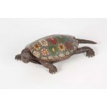 A JAPANESE MEIJI PERIOD BRONZE AND CLOISONNE LIDDED BOX formed as a terrapin, character marks to