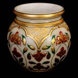 AN ALABASTER BULBOUS SHAPED VASE decorated with enamels and gold leaf floral panels 7cm high