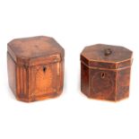 A GEORGE III EXOTIC SPECIMEN-WOOD INLAID TEA CADDY of clipped square form with circular fanned top