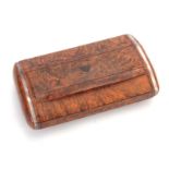 AN EARLY 19TH CENTURY BURR MULBERRY TABLE SNUFF BOX having angled shaped body with ebony stringing