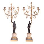 AN IMPRESSIVE PAIR OF GEORGE III BRONZE, GILT ORMOLU AND MARBLE CANDELABRA each modelled as a