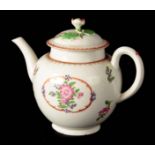 AN 18TH CENTURY ENGLISH PORCELAIN TEAPOT possibly Worcester of bulbous form with flower-bud finial