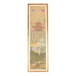 A LARGE 19TH CENTURY CHINESE PAINTED SILK PANEL finely decorated with figures and pagodas amongst