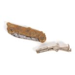 AN EARLY BRASS MOTOR CAR PENKNIFE with folding steel blade 9cm wide together with A BLUNDERBUSS