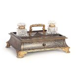 A FINE 19TH CENTURY FRENCH EBONIZED AND BOULLEWORK DOUBLE SIDED DESK STAND WITH ORNATE GILT-BRASS