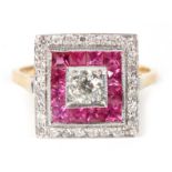 AN ART DECO STYLE DIAMOND AND RUBY CLUSTER RING with centre diamond surrounded by square ruby and