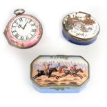 AN UNUSUAL LATE 18TH CENTURY SOUTH STAFFORDSHIRE ENAMEL PATCH BOX MODELLED AS A POCKET WATCH OUTER
