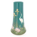 A CIRCA 1900's FRENCH JEROME MASSIER CERAMIC TAPERING VASE with stork and iris decoration on a lily