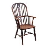 A 19TH CENTURY ASH AND ELM HIGH BACK WINDSOR CHAIR with pierced back splats and saddle seat;