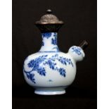 A 19TH CENTURY BLUE AND WHITE ORIENTAL STYLE OPINUM VESSEL with a florally decorated bulbous body