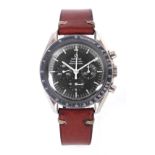 A GENTLEMANS STAINLESS STEEL OMEGA SPEEDMASTER MOON WATCH on brown leather strap, the black dial