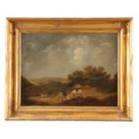 MANNER OF GEORGE MORLAND 19TH CENTURY OIL ON CANVAS Gentleman shooting over his spaniel in open