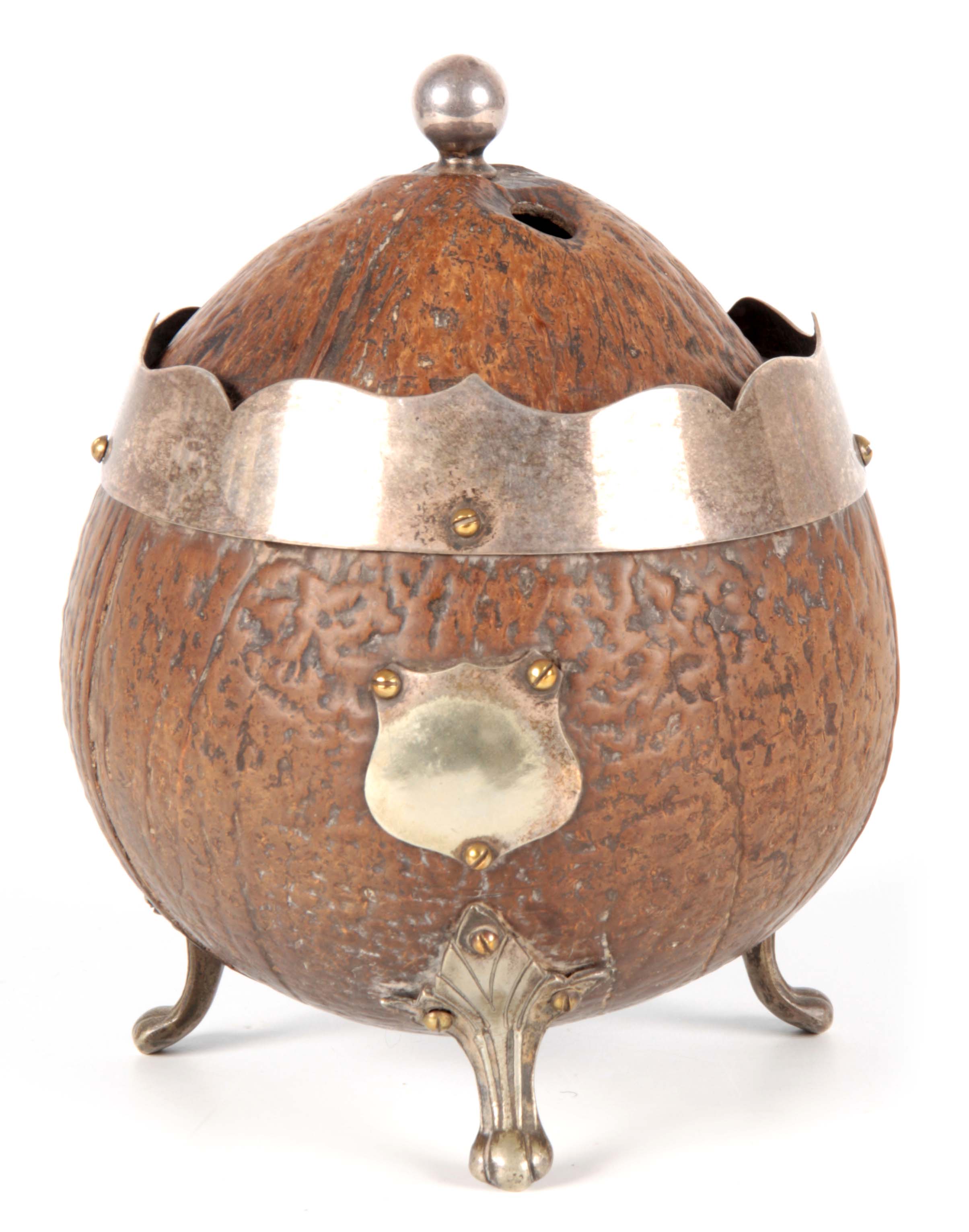 A 19TH CENTURY COCONUT CADDY with silver metal mounts and raised splay feet, the domed lid with