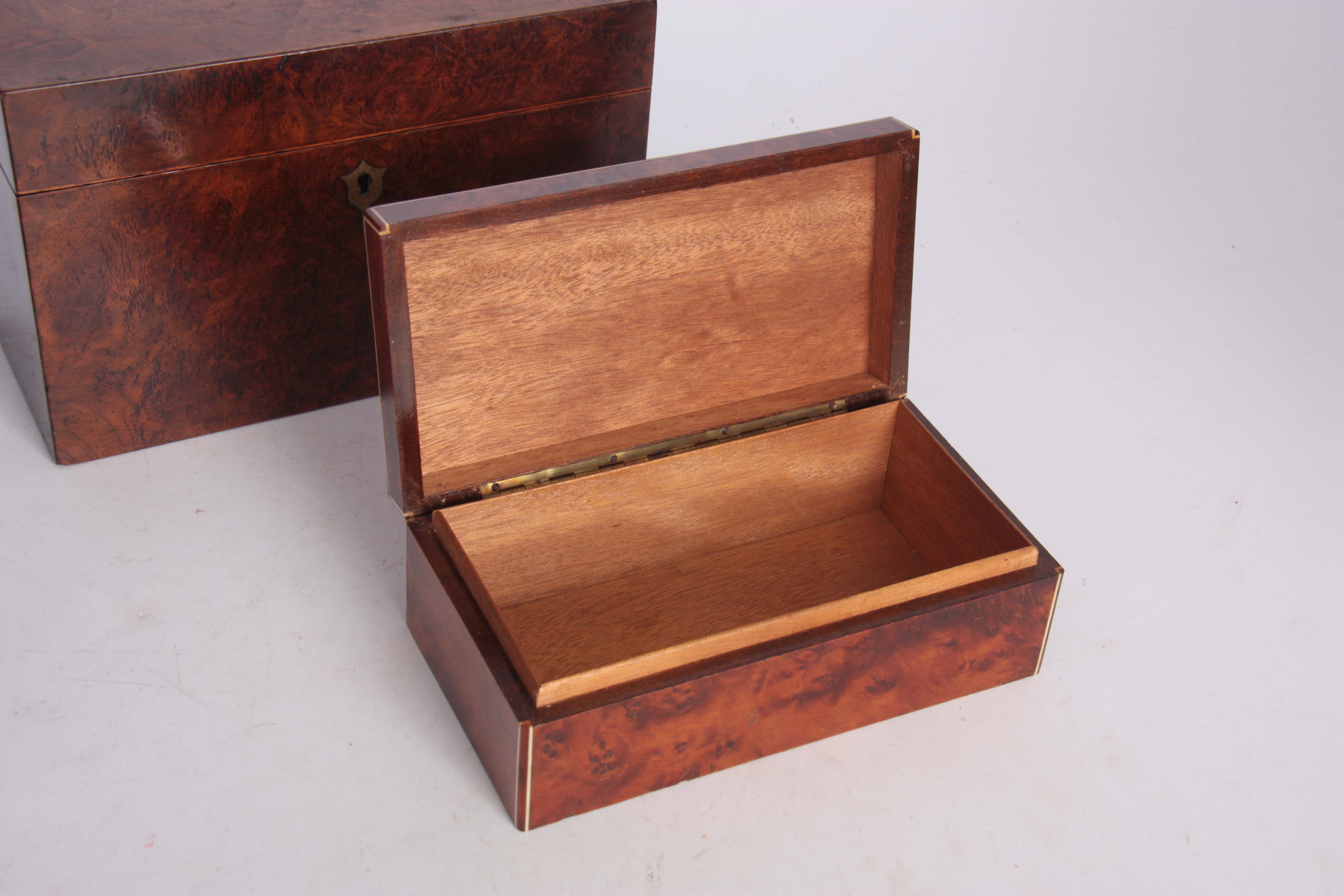 A COLLECTION OF THREE BOXES comprising a late 19th Century burr walnut rectangular example with - Image 9 of 11