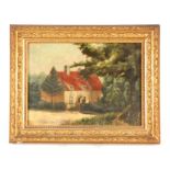 F. W. SCARBROUGH 19TH CENTURY OIL ON CANVAS Wooded house and garden scene 20cm high 27cm wide signed