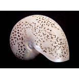 A FINE 19TH CENTURY LARGE MOTHER OF PEARL NAUTILUS SHELL intricately carved and pierced with sea