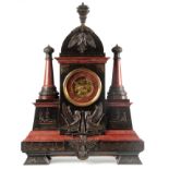 A LARGE LATE 19TH CENTURY SLATE, ROUGE MARBLE AND BRONZE MOUNTED EGYPTIAN REVIVAL MANTEL CLOCK