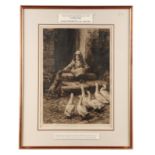 HERBERT DICKSEE 1862-1942. ORIGINAL PERIOD SIGNED ETCHING titled 'Lucky Dog' Goose girl 49.5cm