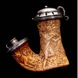 A LARGE 19TH CENTURY HUNGARIAN KALMASCH CARVED HORN MEERSCHAUM PIPE finely decorated with huntsman