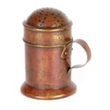 AN 18TH/19TH CENTURY LARGE PATINATED BRASS CASTER of cylindrical form with domed cover and