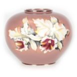 A LARGE JAPANESE SILVER MOUNTED ANDO CLOISONNE VASE of bulbous form with pink ground and Lilly spray