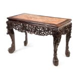 A 19TH CENTURY CHINESE HARDWOOD SERVING TABLE with panelled marble top above a pierced frieze,