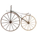 A MID 19TH CENTURY "BONESHAKER" BICYCLE having an iron frame and painted wooden spoke wheels 166cm