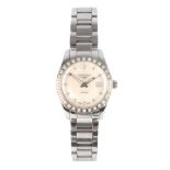 A LADIES STEEL AND DIAMOND SET LONGINES CONQUEST CLASSIC AUTOMATIC WRISTWATCH on a steel bracelet,