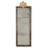 AN UNUSUAL WILLIAM AND MARY CUSHION FRAMED HANGING MIRROR with painted floral frame and gilt moulded