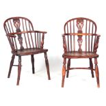 A PAIR OF 19TH CENTURY YEW-WOOD LOW BACK WINDSOR CHAIRS with hoop backs, pierced vase-shaped back