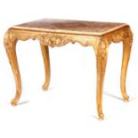 A GEORGE I STYLE MARBLE TOP CARVED GILTWOOD CONSOLE TABLE with geometric inlaid book-matched