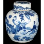 AN 18TH/19TH CENTURY CHINESE BLUE AND WHITE GINGER JAR AND COVER painted with figures playing a