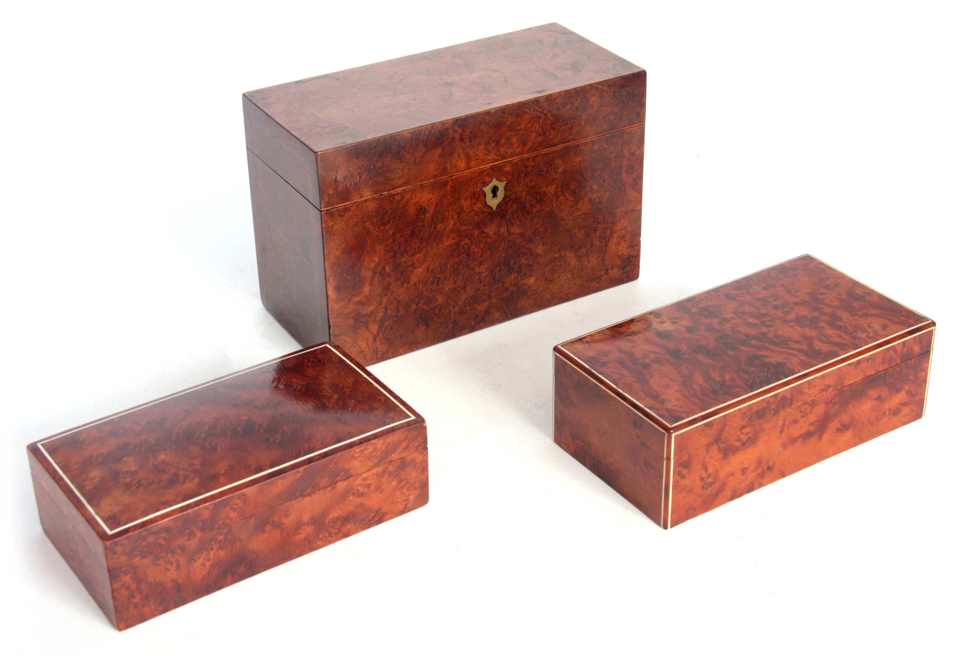 A COLLECTION OF THREE BOXES comprising a late 19th Century burr walnut rectangular example with