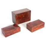 A COLLECTION OF THREE BOXES comprising a late 19th Century burr walnut rectangular example with