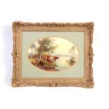 JOHN STINTON A FINE ROYAL WORCESTER LARGE OVAL FRAMED PORCELAIN PLAQUE painted with lowland cattle