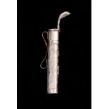 A GEORGE V NOVELTY SILVER LAPEL FLOWER-BUD HOLDER formed as a flattened oval Golfing Bag with fitted