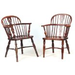 A MATCHED PAIR OF 19TH CENTURY NOTTINGHAM LOW-BACK YEW-WOOD WINDSOR CHAIRS with pierced back