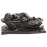 A LARGE ART NOUVEAU PATINATED BRONZE SCULPTURE modelled as a winged cherub sleeping in an oyster