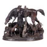 A LARGE 20TH CENTURY BRONZE FIGURAL SCULPTURE AFTER MENE depicting a huntsman with hounds and